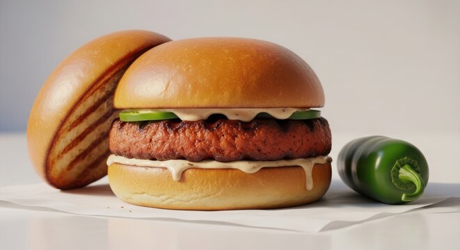 fresh gourmet burger with sesame bun and pickles on minimalist white background