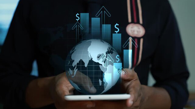 Businessman with smartphone using and globe earth map hologram animation