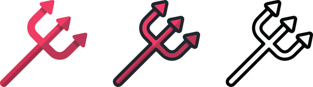 Happy Halloween 2026!! Set of cartoon devil pitchfork icons in three styles
