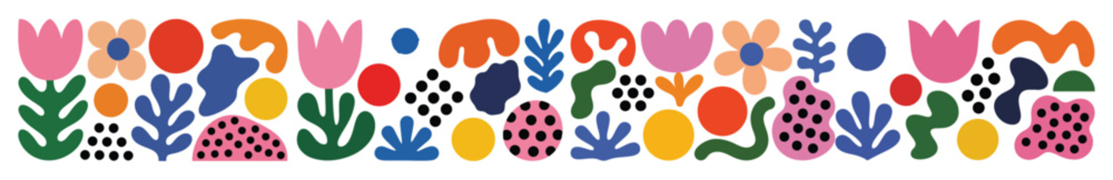 Scandinavian floral abstract pattern vector set with colorful folk flowers leaves and modern nordic shapes for textile print wallpaper packaging and trendy boho design backgrounds