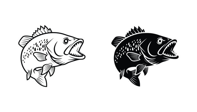 Aggressive predatory fish jumping with open jaws vector illustration featuring detailed line art and solid black silhouette versions for fishing logo design and outdoor branding projects