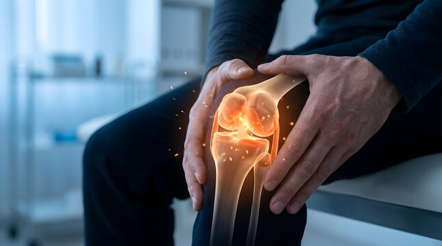 Person holding knee with glowing orange joint pain visualization