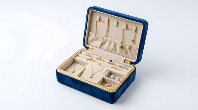 Open blue jewelry box with gold and pearl necklaces and earrings inside transparent background
