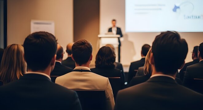 Professional business speaker presenting important information to a large audience of interested corporate office employees