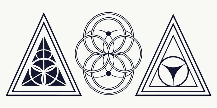 Three abstract geometric symbols with circles and triangles in a symmetrical design sacred geometry geometric abstract geometry symbolism triangle illustration