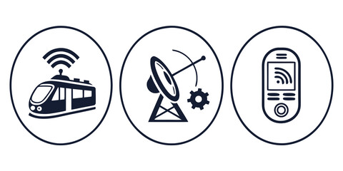 Icons of train with wi-fi satellite dish mobile phone for technology and transport cell phone black and white transport locomotive wireless internet industry © Bf