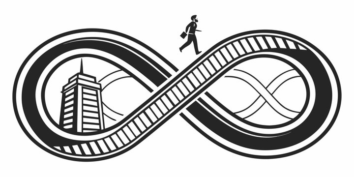 Infinity with skyscraper and businessman on a treadmill rat race white background motion blur infinity symbol skyscraper building businessman briefcase treadmill