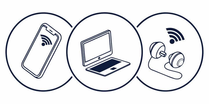 Icons of modern wireless technology: smartphone laptop headphones with wi-fi signals technology wireless internet connection smartphone computer headphones