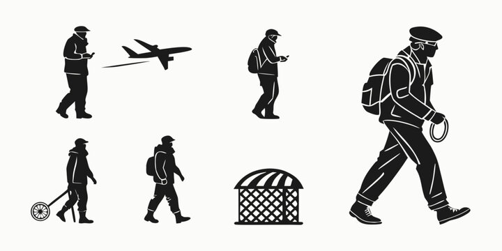 Silhouettes of people walking and traveling with luggage and a plane mobile phone airport terminal air travel business trip backpack airplane passenger silhouette