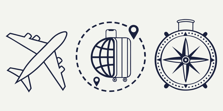 Travel icons: airplane suitcase and globe with pins compass rose air travel business travel direction finder old compass sea travel wind rose airplane suitcase