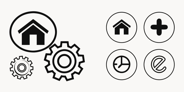 Business and settings icons: home icon gears plus icon clock email with settings mechanism communication collection business application software interface