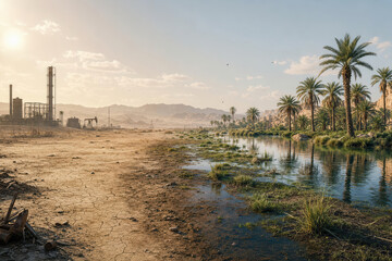 Obraz premium Oil refinery and derricks on dry cracked earth stand opposite a vibrant oasis with palm trees. Hazy mountains are visible under a bright sky.