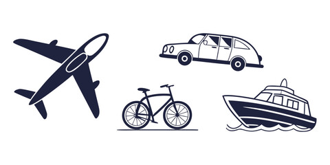 Collection of four common transportation icons in solid black silhouette an airplane car bicycle motorboat for travel and mobility themes with white background, airplane © Bf