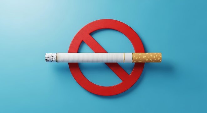 No smoking sign with cigarette on blue background indicating prohibition