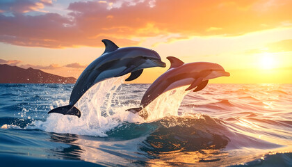 Fototapeta premium Dolphins leaping out of the ocean at sunset with golden sunbeams