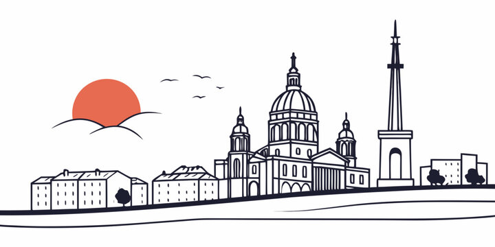 Scenic city skyline outline illustration with domed cathedral observation tower sunset horizon line art urban scape illustration architecture cathedral building
