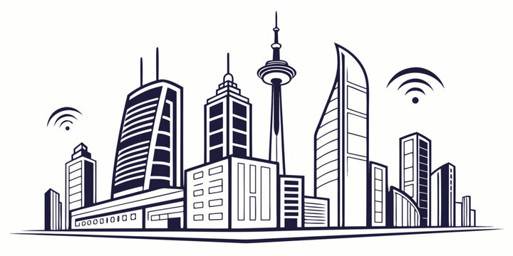 Modern cityscape with skyscrapers and wi-fi signal icons smart city tall buildings binary code high rise urban development wireless technology cityscape wireless