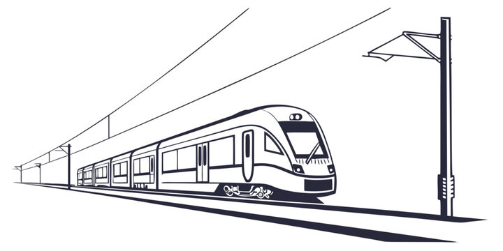 Modern passenger train on railway tracks with overhead electric lines and a support pole black and white vector illustration high speed travel time passenger