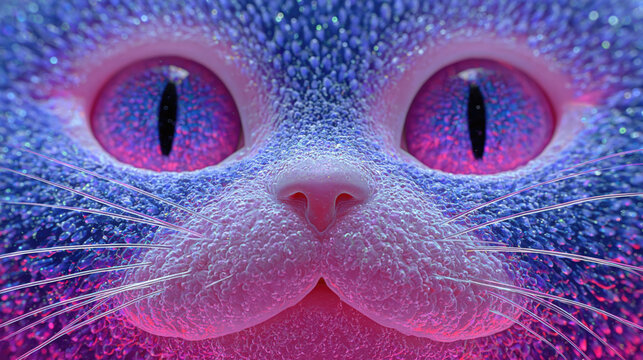 Vivid Magenta Fantasy Cat Face With Glowing Crystal Whiskers and Slit Pupils