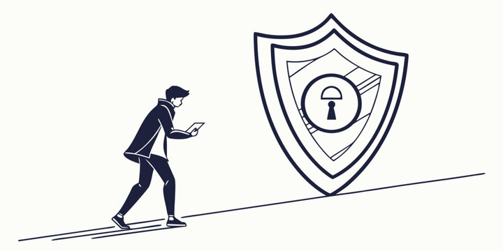 Man walking towards a large shield with a keyhole icon on an uphill path symbolizing data security privacy digital protection confidential information safe zone