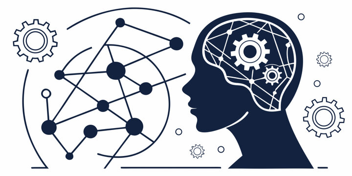 Human head profile with gears and network inside representing AI brain. machine thinking artificial intelligence complex problem solving technology concept illustration