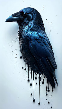 immagine di un corvo che si scioglie lentamente in grandi gocce di inchiostro nero, image of a crow slowly melting into large drops of black ink