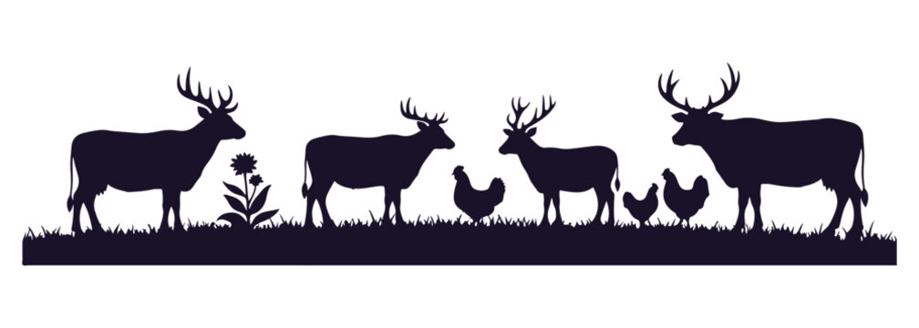 Minimalist farm scene with livestock and bird icons, including trees and plants in silhouette form.