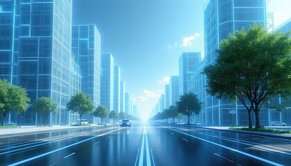 Fototapeta premium Futuristic city street with glowing blueprint buildings, green trees. Cars drive on wet asphalt reflecting blue lights. Clean urban environment with digital network lines overlaying architecture.