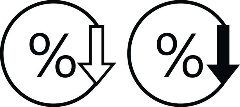  Percent down icon set. Discount and price drop symbols.Falling interest rate and loss symbol.Financial decrease sign. Business sale and offer design. 
