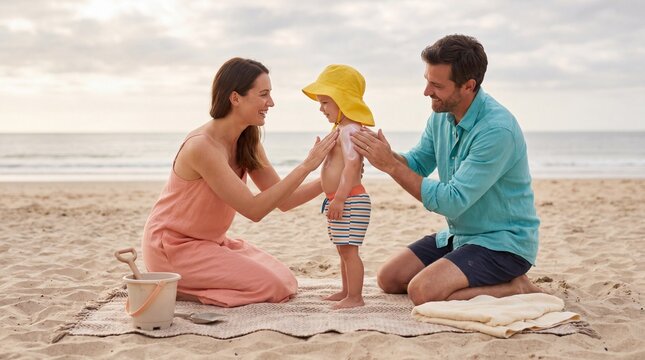 Parents applying sunscreen to child to ensure sun protection and enjoy family time by the coast in a comfortable, relaxed setting.