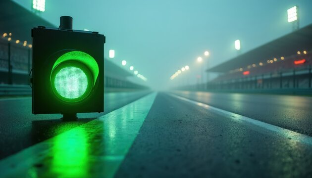 Green race track light shines brightly. Roadway signals start of journey. Foggy atmosphere with stadium seats visible. Modern symbol for progress.