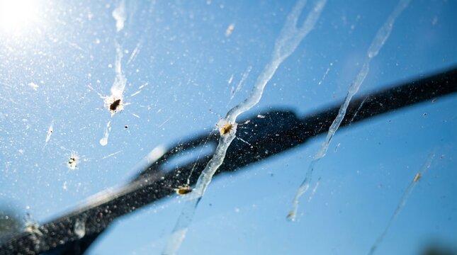 Examining windshield cleanliness and car maintenance. Impacts of dirt and bugs on visibility and safety while driving.