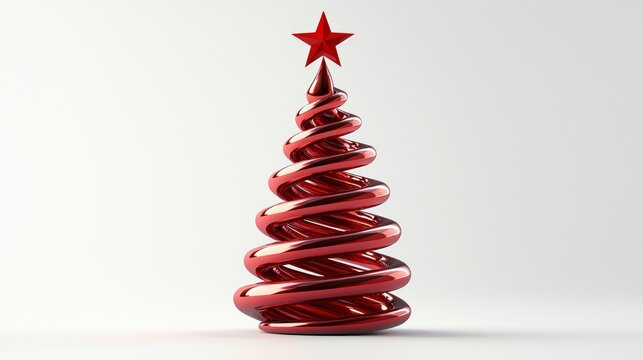 Red spiral christmas tree ribbon cone with star on white background modern 3d digital illustration for holiday marketing
