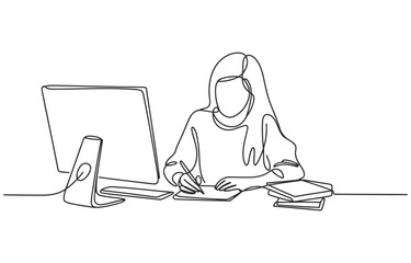 Minimalist continuous line drawing of a woman working on a computer and writing notes at desk with line art single one remote work at home computer minimalist workspace education © Stockline