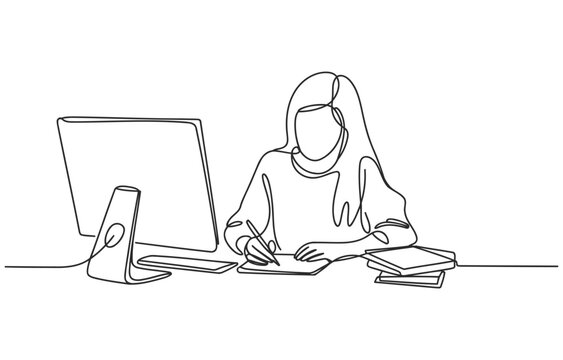 Minimalist continuous line drawing of a woman working on a computer and writing notes at desk with line art single one remote work at home computer minimalist workspace education