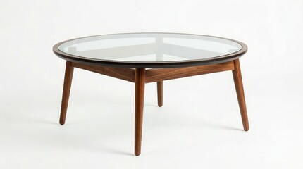 Fototapeta premium Mid century modern round glass coffee table with wooden frame and tapered legs