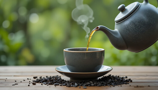 Steaming cup of tea being poured from teapot on wooden table with scattered tea leaves saucer