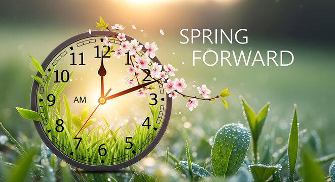 Spring Forward Daylight Saving Time Concept with Clock, Cherry Blossoms, and Green Grass
