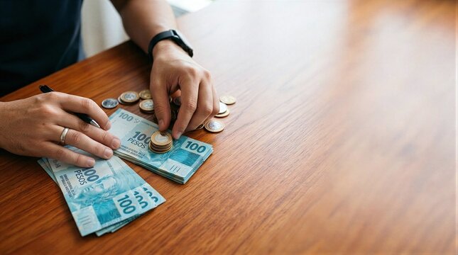 A close-up view of a person's hands holding a pen and a stack of money.