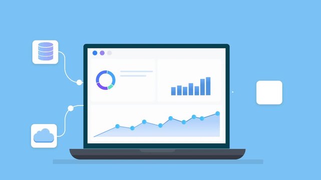 Looping animation of a laptop displaying data dashboard charts with cloud storage connection, representing digital file storage, monitoring, and modern technology in a clean minimal teal style.