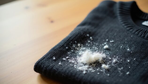Dark sweater covered in white lint and pet hair lies on wooden table. Shows laundry problems and clothing care issues for fabric maintenance and cleaning.