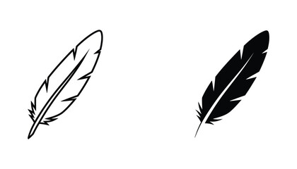 Elegant bird feather icon set in minimalist line art and solid black silhouette styles for nature and writing themes © Anchor
