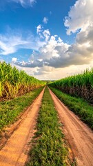 Naklejka premium Rural path through lush fields under a dramatic sky at sunset