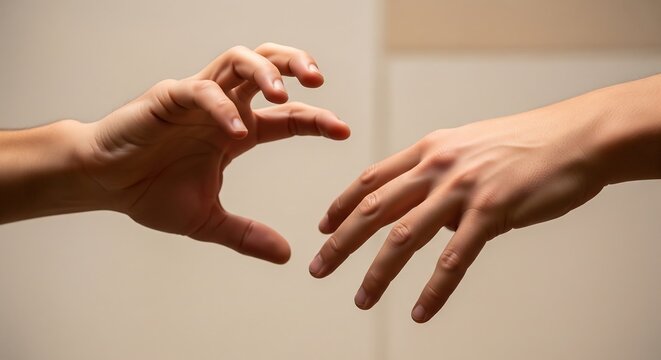 A conceptual close-up image featuring two human hands reaching out in a symbolic gesture of giving and taking connection and separation against a soft warm background portraying themes of help