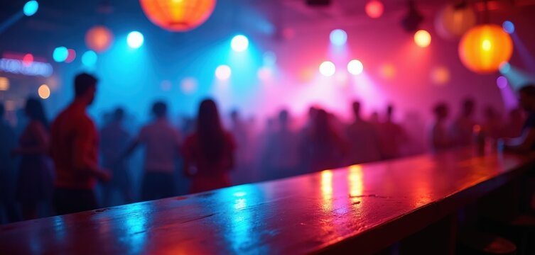 Blurred nightclub interior with people dancing and bar counter in foreground. Vibrant blue and pink lights create energetic atmosphere for partygoers enjoying night out.