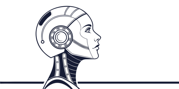 Advanced robot head profile with sleek design representing artificial intelligence and innovation science fiction human like black and white future tech technology