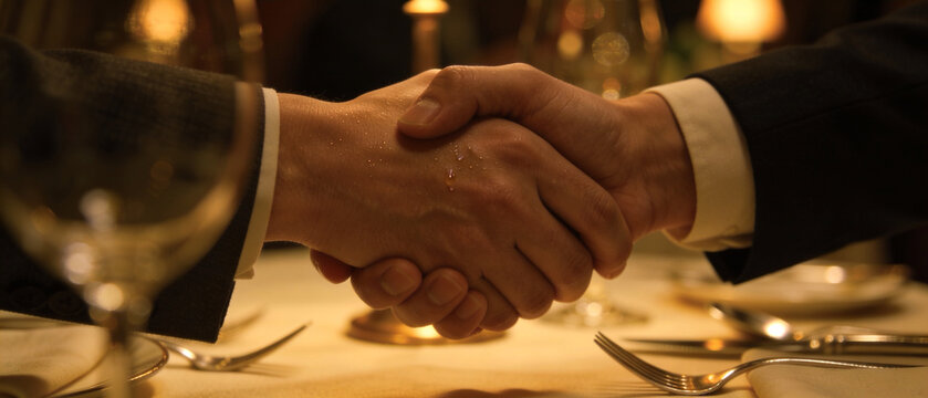Businessmen shaking hands over dinner table for agreement