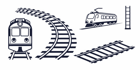 Comprehensive set of railway infrastructure elements including trains tracks and ladders in a clean line art style with head on elements collection locomotive © Mamun