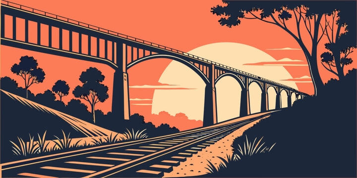 Landscape illustration of a tall concrete railway viaduct and tracks under a large orange setting sun with landscape transport architecture infrastructure destination