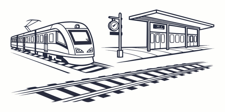Modern electric commuter train approaching a railway station platform with outdoor clock terminal building tracks in a clean line art style illustration platform